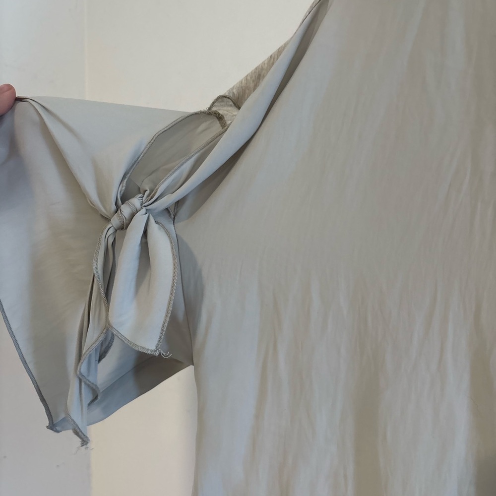 Lola & Sophie Light Gray & green Blouse with Tie Sleeves | quiet luxury $138 - Picture 2 of 7